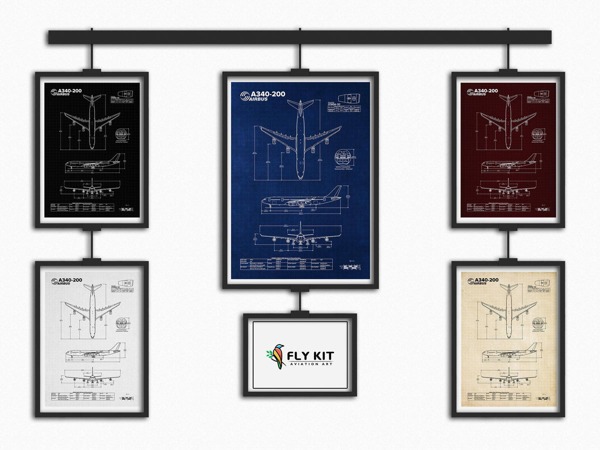 Airbus A340-200 Portrait Blueprint Poster by FlyKit displayed in five color variations on a white wall