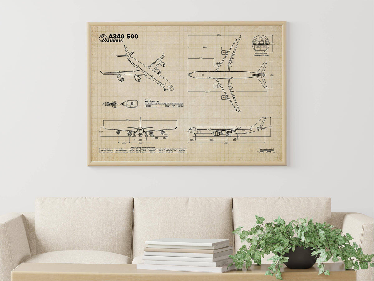 Airbus A340-500 Landscape Blueprint Poster by FlyKit showing detailed aircraft schematics in a beige frame above a beige couch