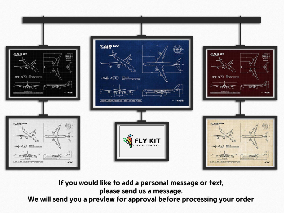FlyKit Airbus A340-500 Landscape Blueprint Poster collection showing aircraft technical drawings in multiple color variations