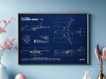 Airbus A350-1000F Landscape Blueprint Poster by FlyKit showing detailed aircraft technical drawings on a blue background