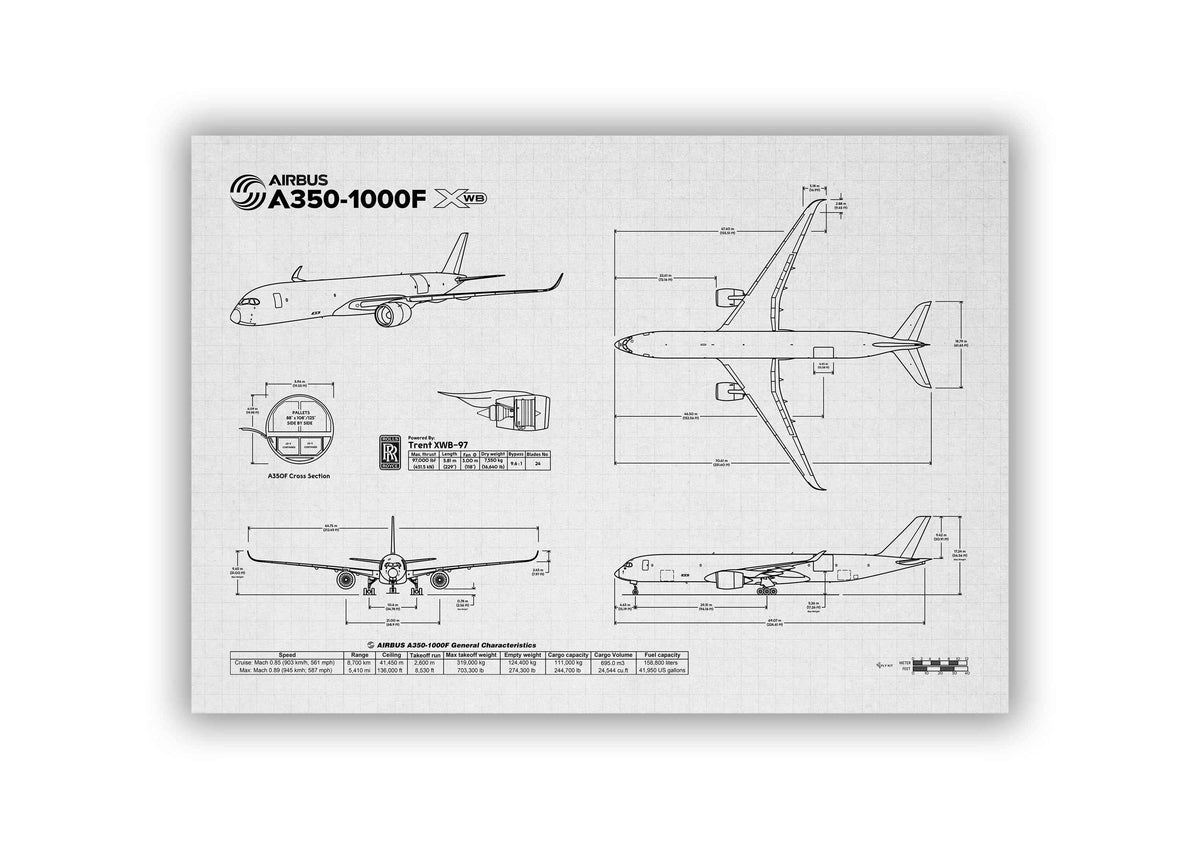 FlyKit Airbus A350-1000F Landscape Blueprint Poster showing detailed technical drawings and dimensions