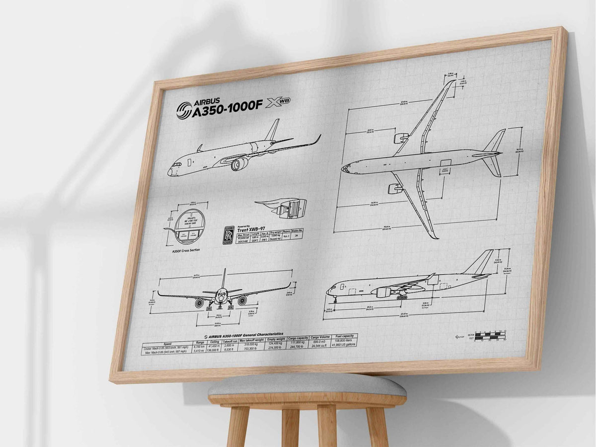 FlyKit Airbus A350-1000F Landscape Blueprint Poster showing detailed airplane design views in a wooden frame