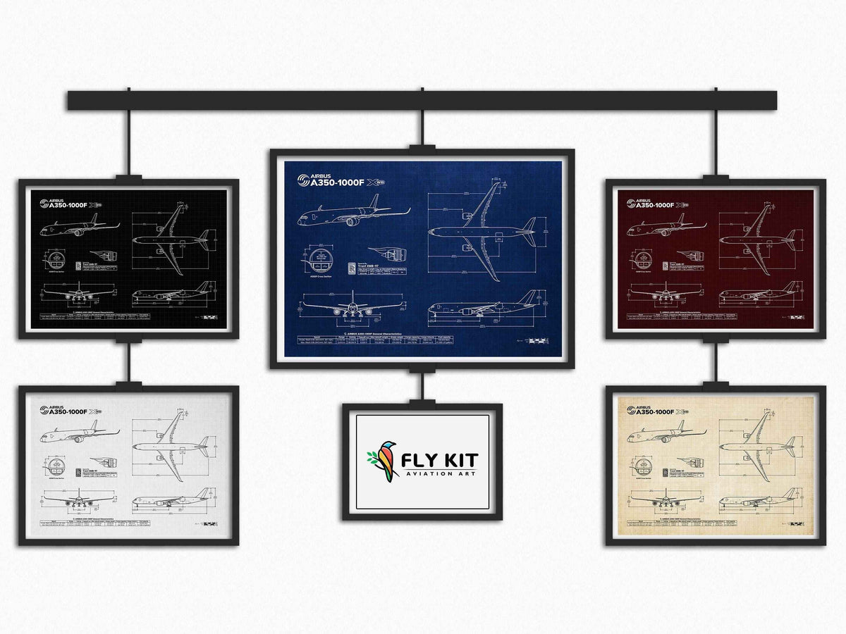 Airbus A350-1000F Landscape Blueprint Poster collection by FlyKit showing detailed aircraft design in multiple colors
