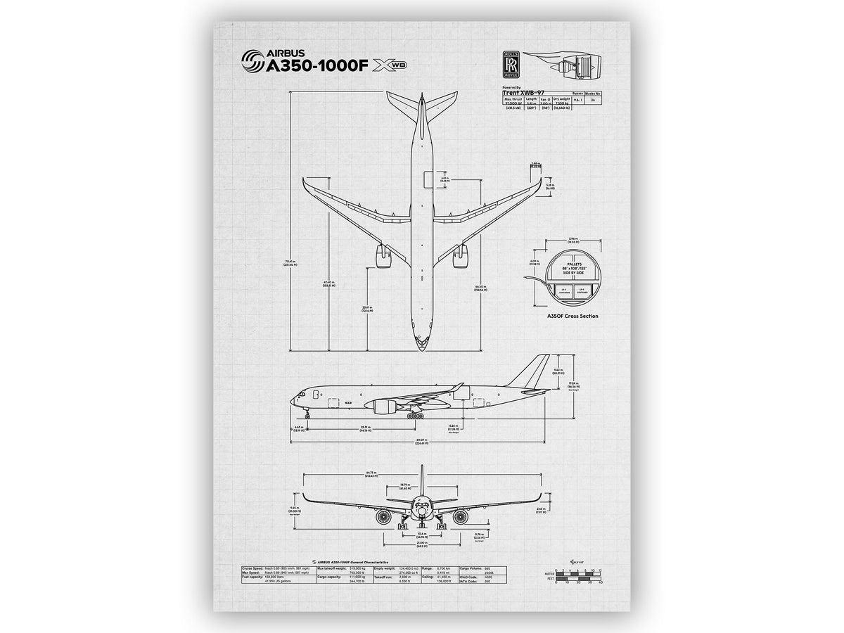 FlyKit Airbus A350-1000F Portrait Blueprint Poster showing detailed technical aircraft design