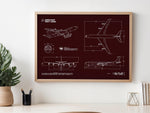 Boeing B707-320 Landscape Blueprint Poster by FlyKit framed on wall above desk with plant and pencils