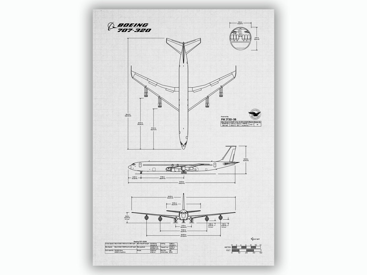 FlyKit Boeing B707-320 Portrait Blueprint Poster showing top side front and side aircraft views