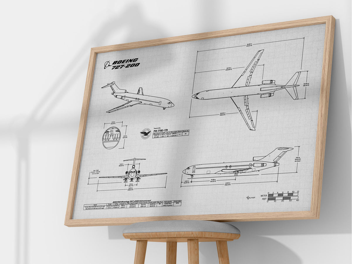 Boeing B727-200 Landscape Blueprint Poster print material by FlyKit displayed on wooden stool