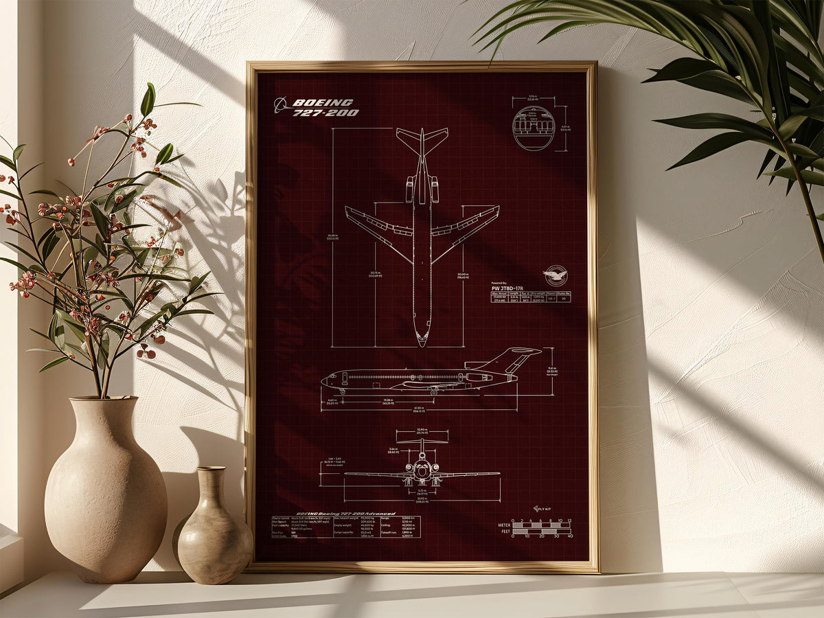 Boeing B727-200 Portrait Blueprint Poster print material by FlyKit displayed on a white surface with decorative plants