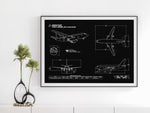 Boeing B737-200 Landscape Blueprint Poster by FlyKit showing detailed aircraft technical drawings in black and white