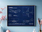 FlyKit Boeing B737-200 Landscape Blueprint Poster showing detailed airplane technical drawings on a blue background