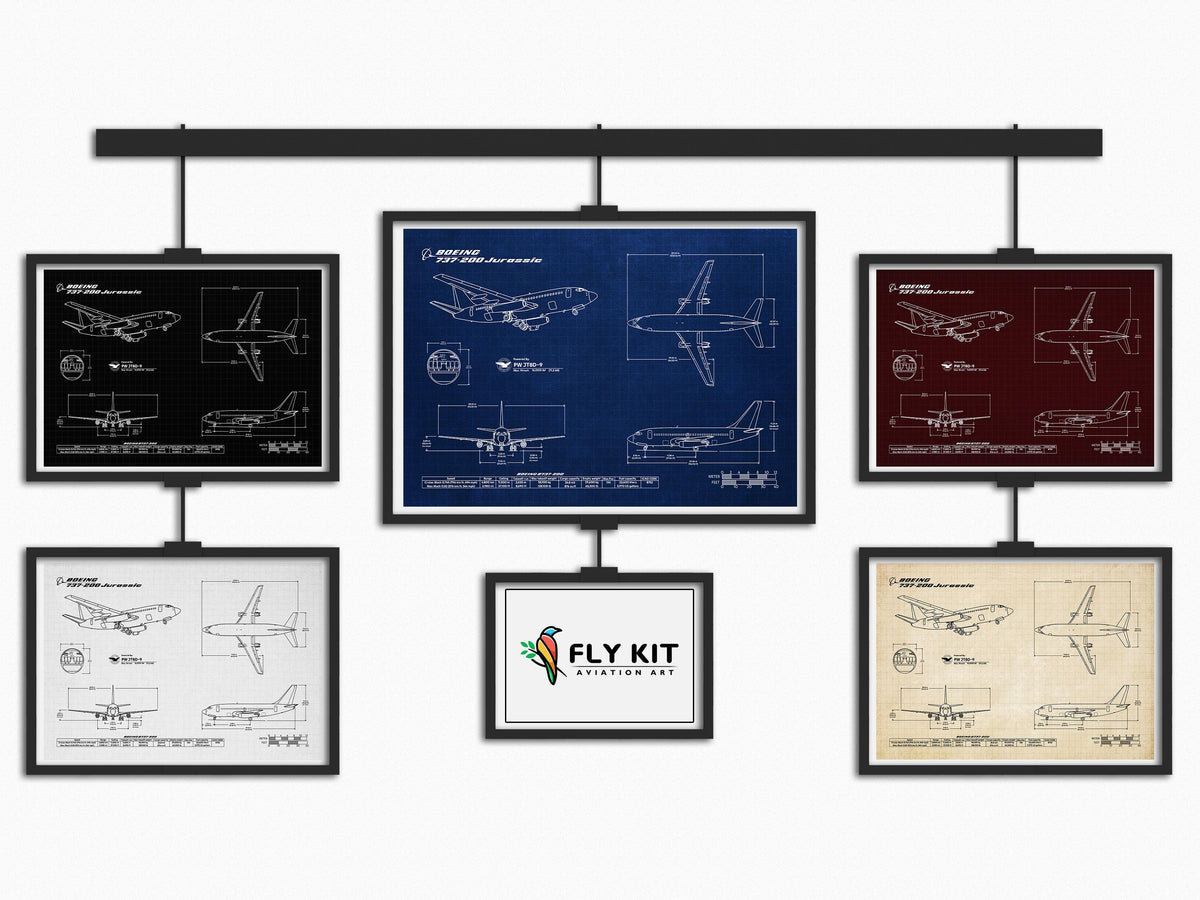 FlyKit Boeing B737-200 Landscape Blueprint Poster collection showcasing detailed aircraft design prints in multiple color styles