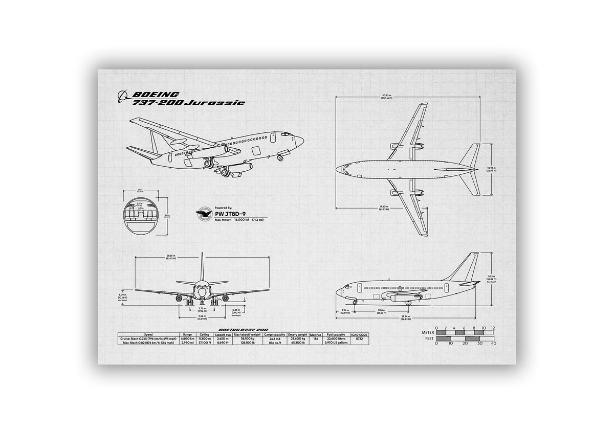 FlyKit Boeing B737-200 Landscape Blueprint Poster showing detailed aircraft technical drawings