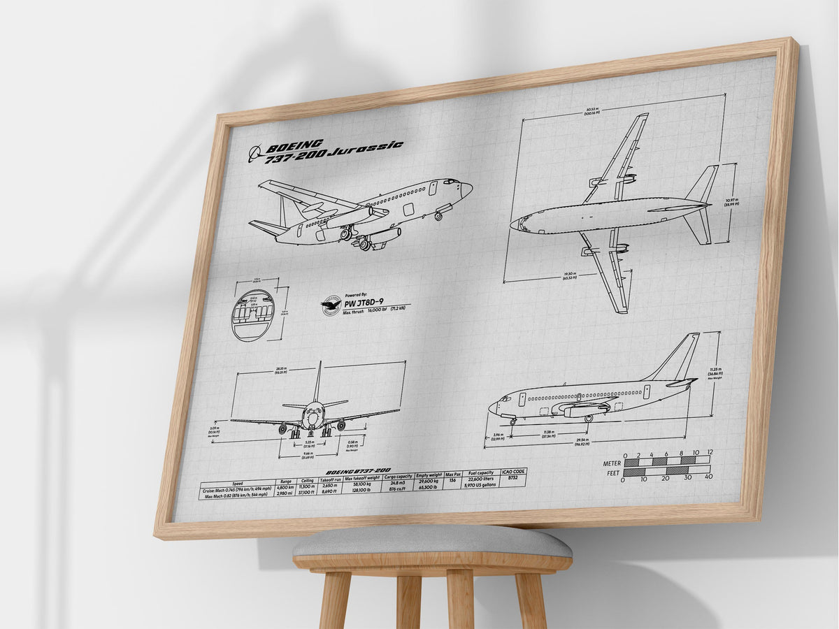 Boeing B737-200 Landscape Blueprint Poster by FlyKit showing detailed technical aircraft drawings in a wooden frame