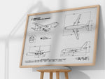 Boeing B737-200 Landscape Blueprint Poster by FlyKit showing detailed technical aircraft drawings in a wooden frame
