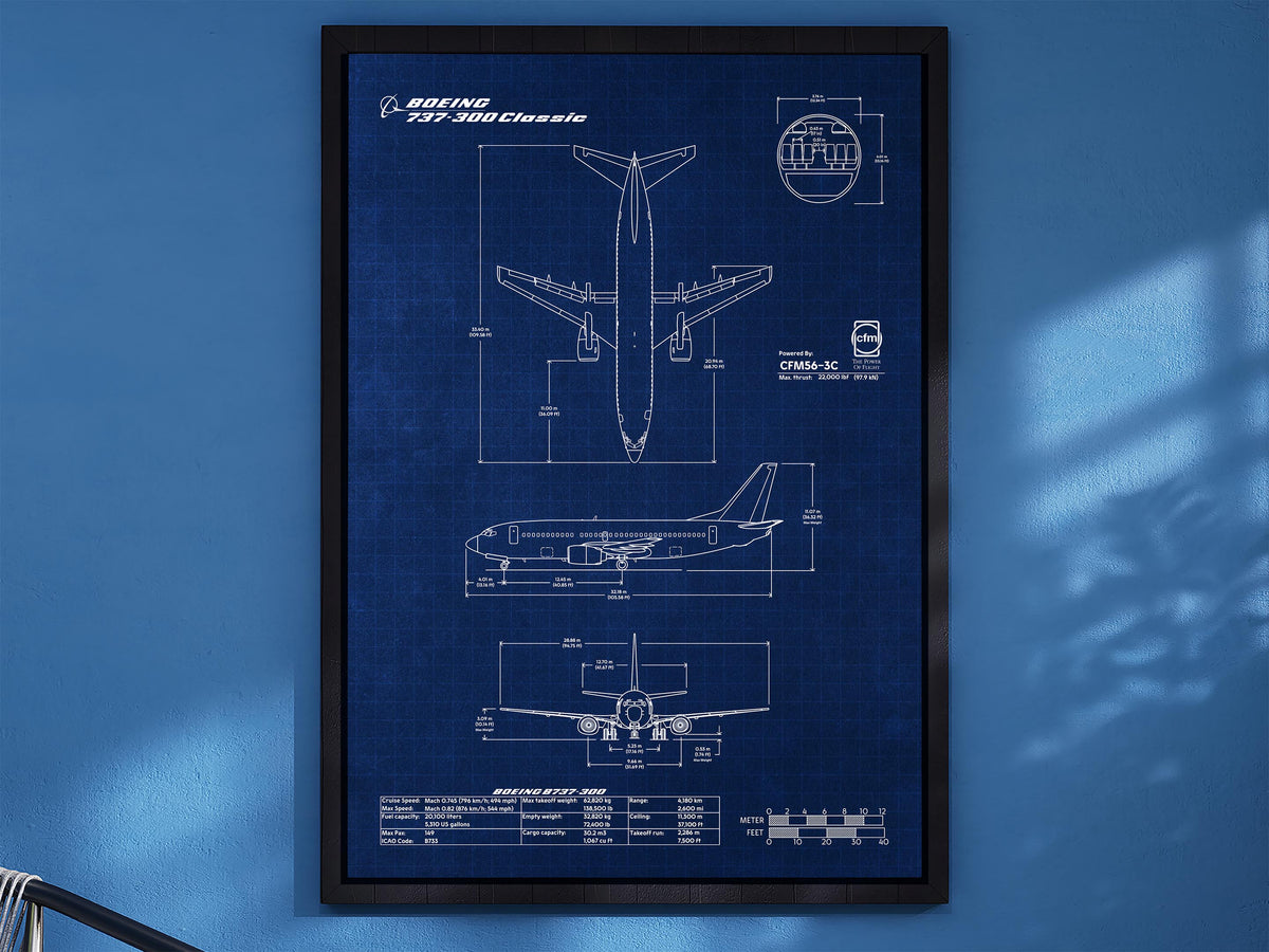 Boeing B737-300 Portrait Blueprint Poster by FlyKit framed on blue wall with detailed aircraft design