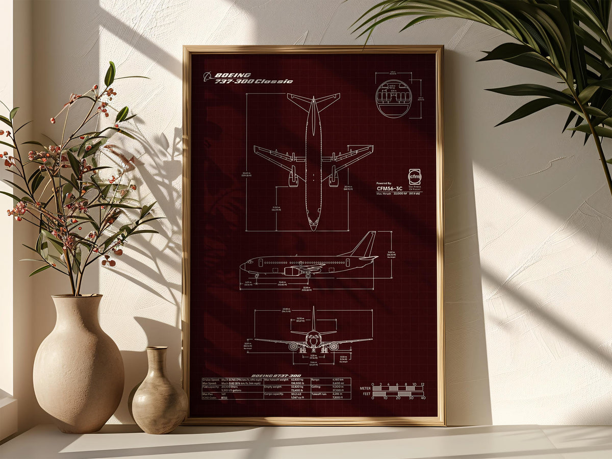 Boeing B737-300 Portrait Blueprint Poster by FlyKit displayed in a wooden frame with decorative plants