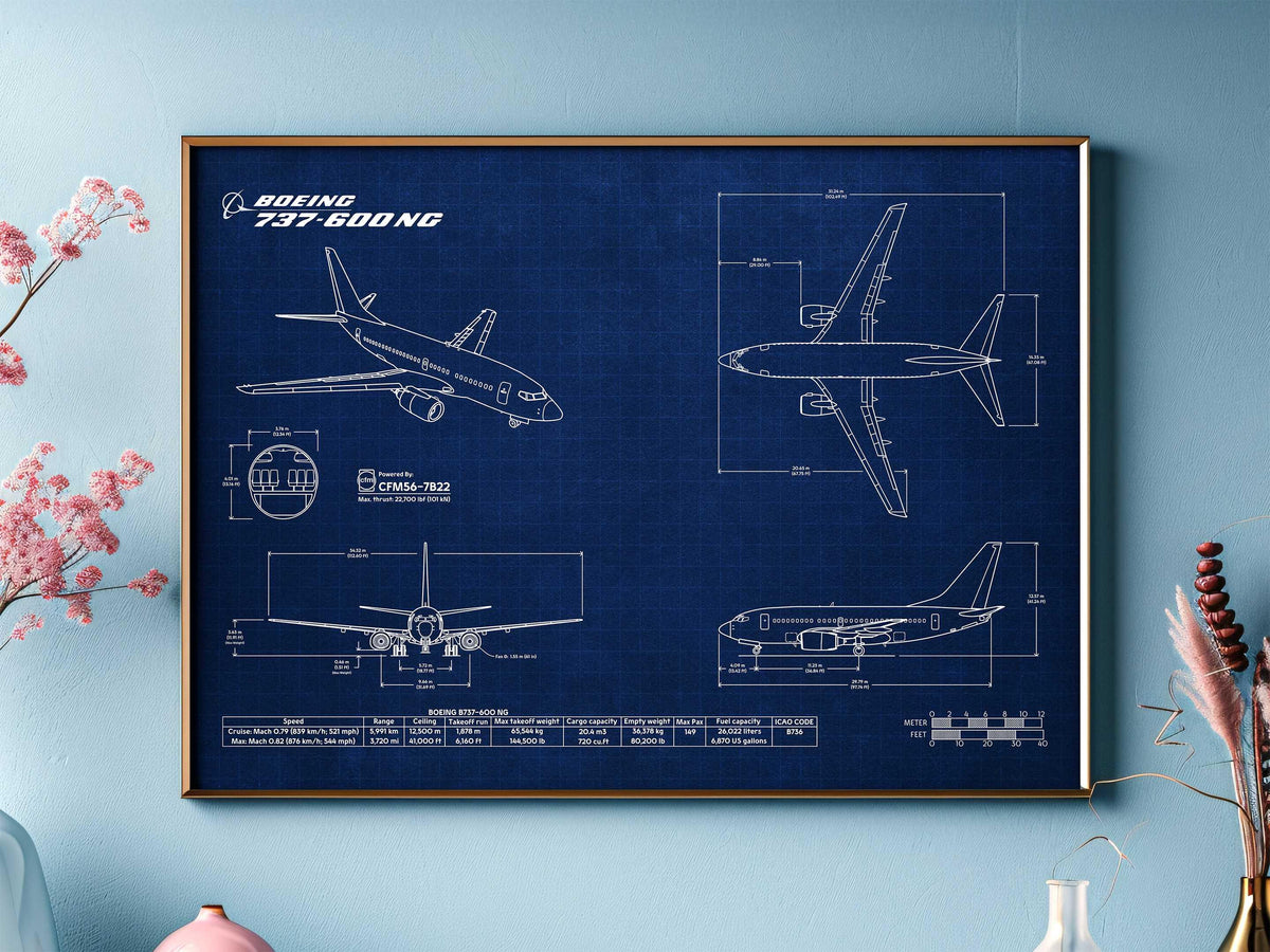 FlyKit Boeing B737-600 Landscape Blueprint Poster showing detailed aircraft design in blue and white