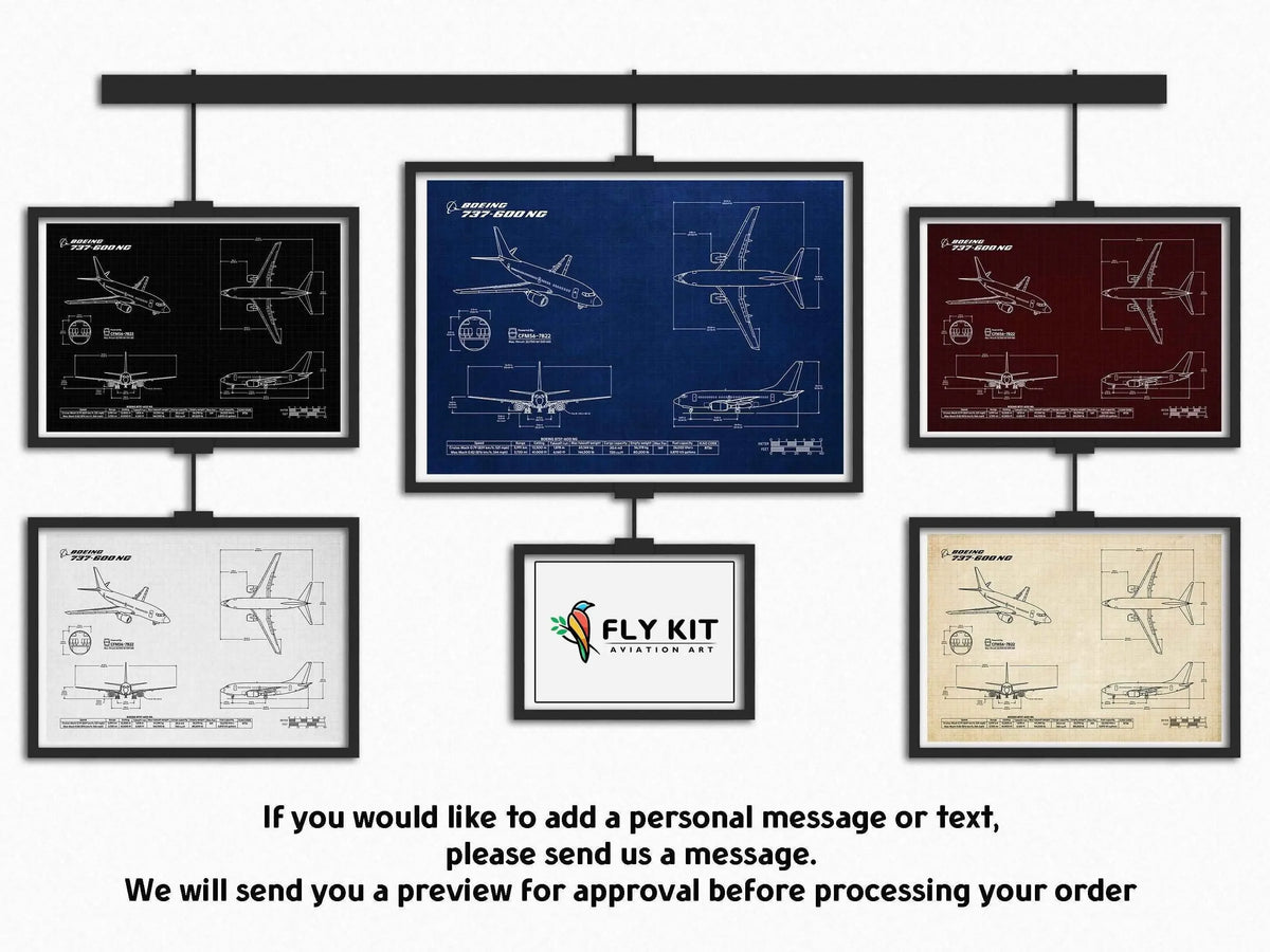 FlyKit Boeing B737-600 Landscape Blueprint Poster in multiple color options showing detailed aircraft layouts