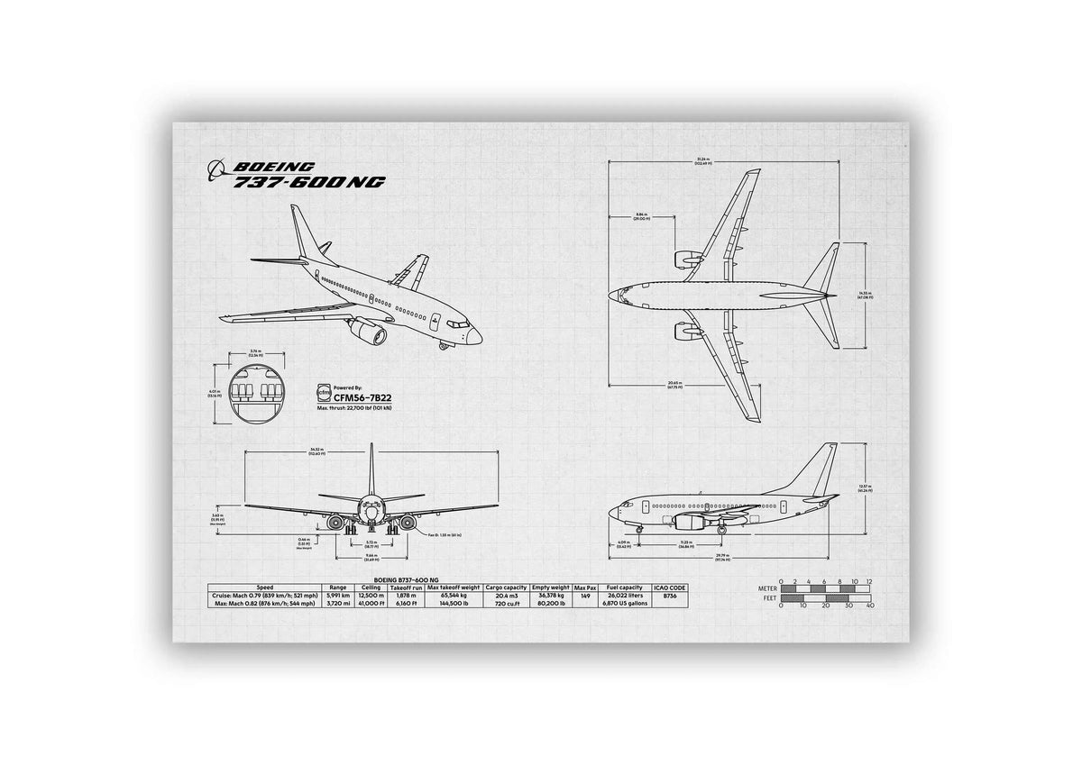 Boeing B737-600 Landscape Blueprint Poster by FlyKit showing technical aircraft design and measurements