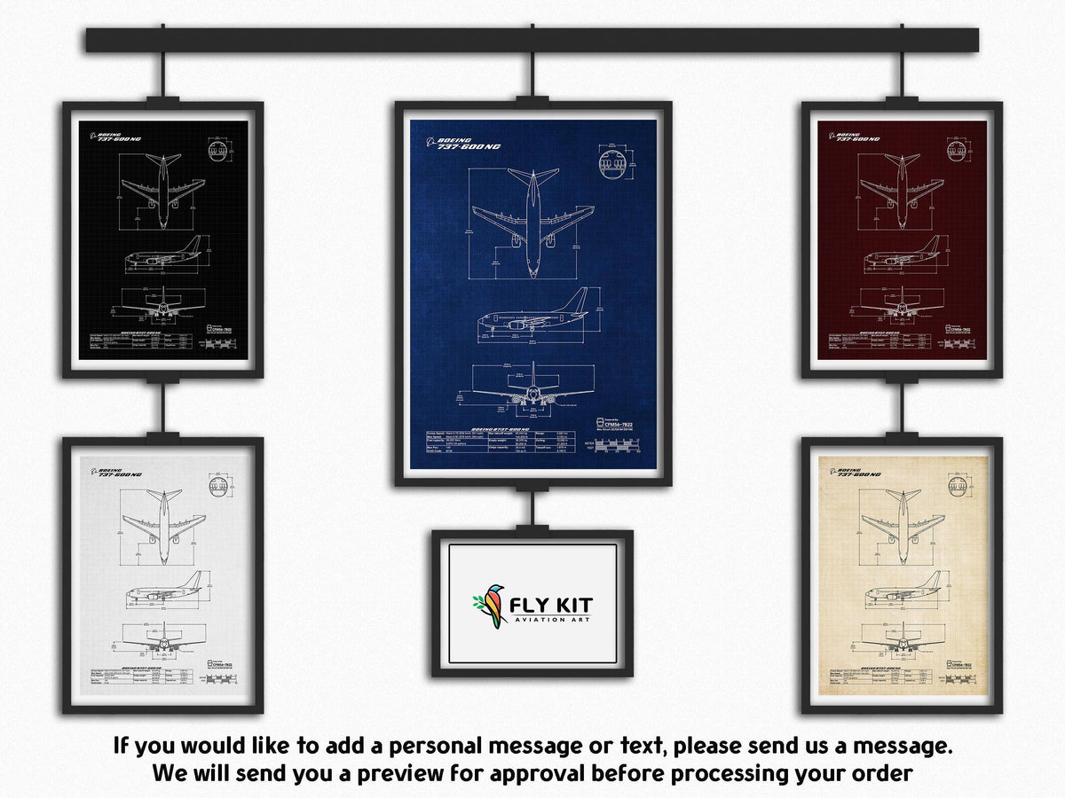 Boeing B737-600 Portrait Blueprint Poster by FlyKit showcasing detailed aircraft design in multiple color options