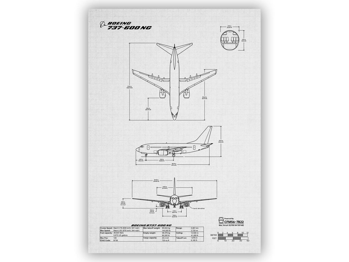 Boeing B737-600 Portrait Blueprint Poster showing aircraft technical drawing with measurements by FlyKit