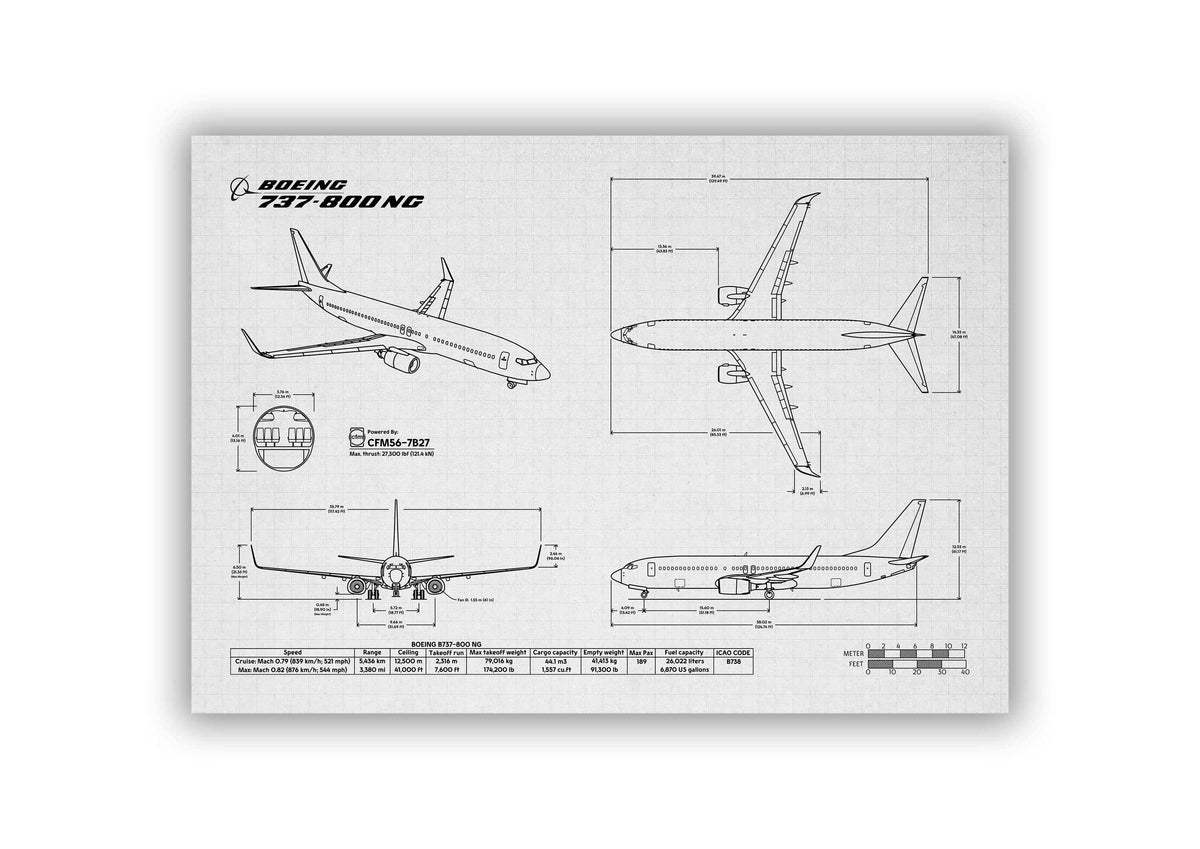 Boeing B737-800 Landscape Blueprint Poster with detailed technical aircraft drawings by FlyKit