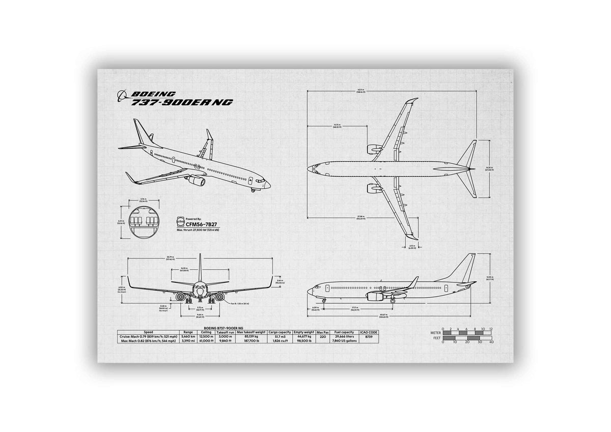 Boeing B737-900 Landscape Blueprint Poster by FlyKit showing detailed technical aircraft drawings