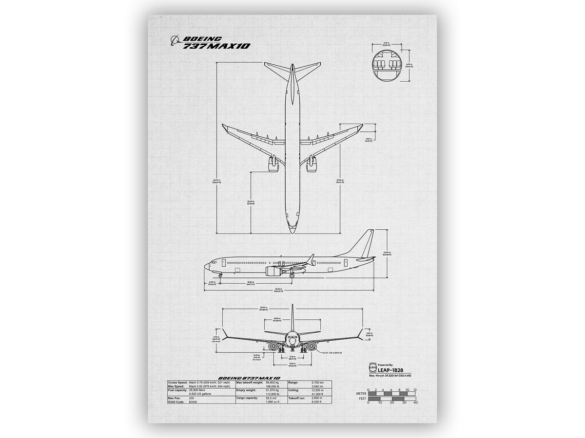FlyKit Boeing B737 MAX 10 Portrait Blueprint Poster showing technical aircraft design in black and white