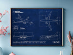 FlyKit Boeing B737 MAX 7 Landscape Blueprint Poster showing detailed aircraft technical drawings in blue and white