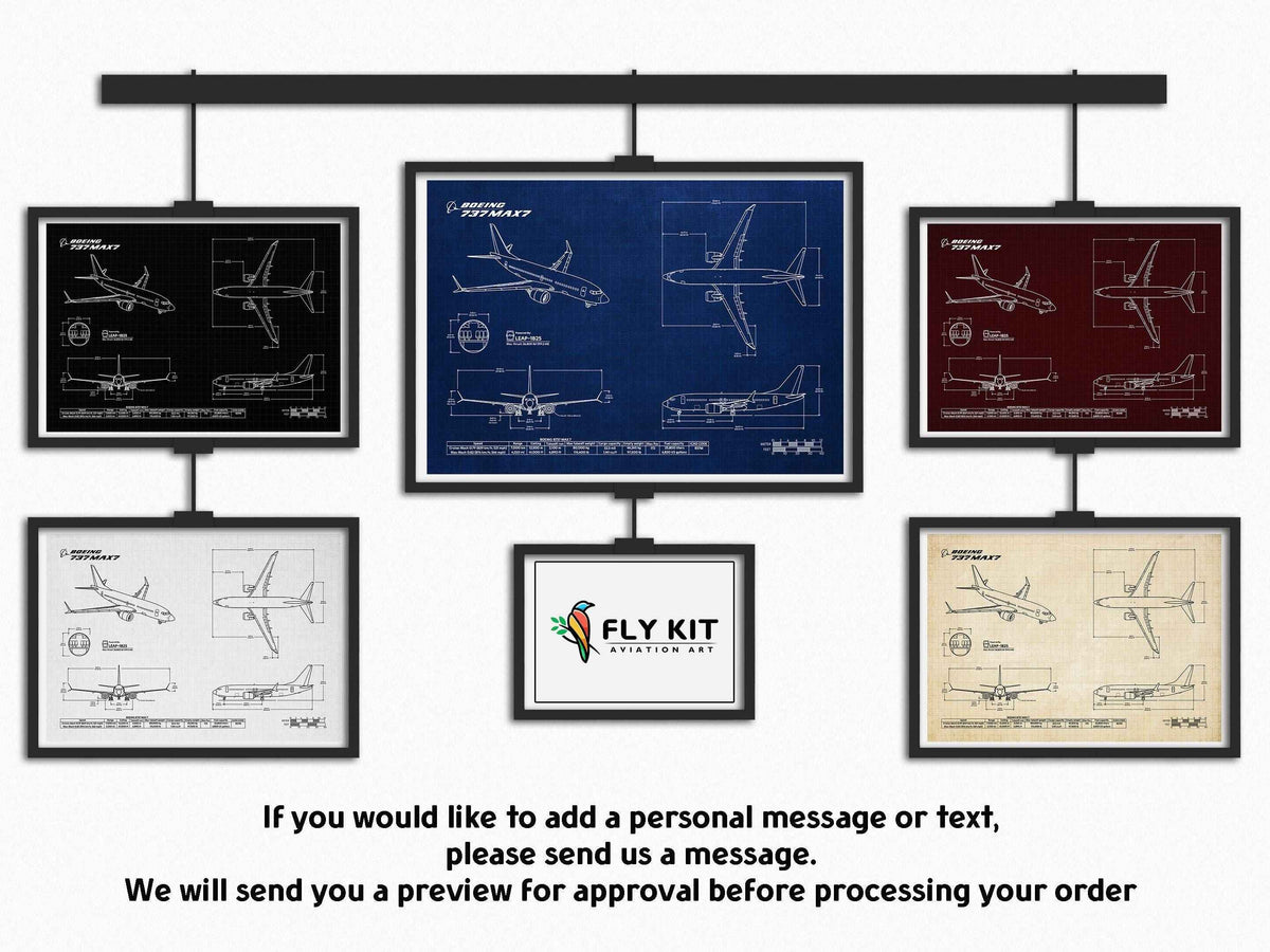 Boeing B737 MAX 7 Landscape Blueprint Poster by FlyKit in multiple color variations displayed on a gallery wall