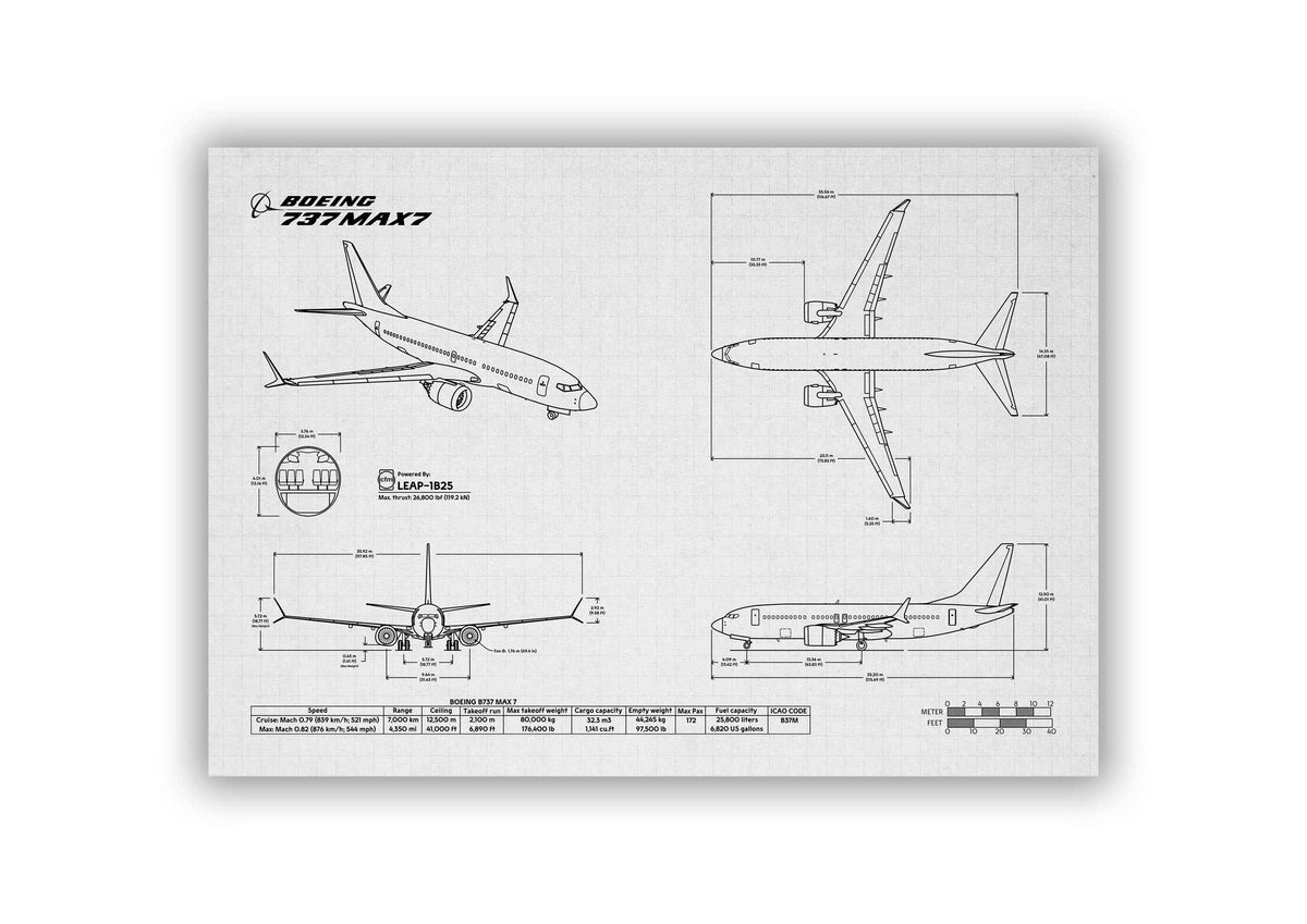 Boeing B737 MAX 7 Landscape Blueprint Poster showing detailed aircraft design and measurements by FlyKit