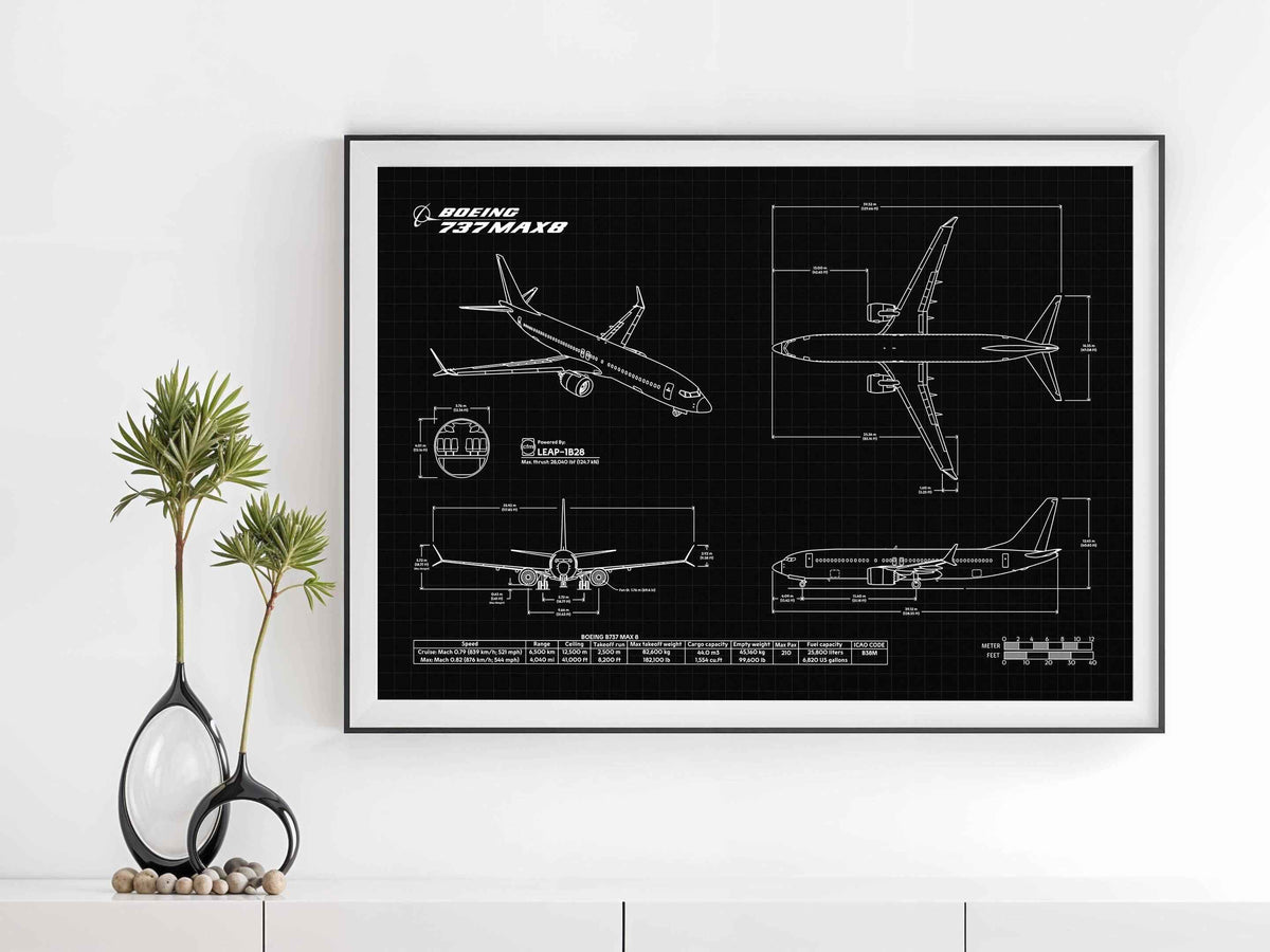 Boeing B737 MAX 8 Landscape Blueprint Poster by FlyKit displayed on a wall with technical airplane design