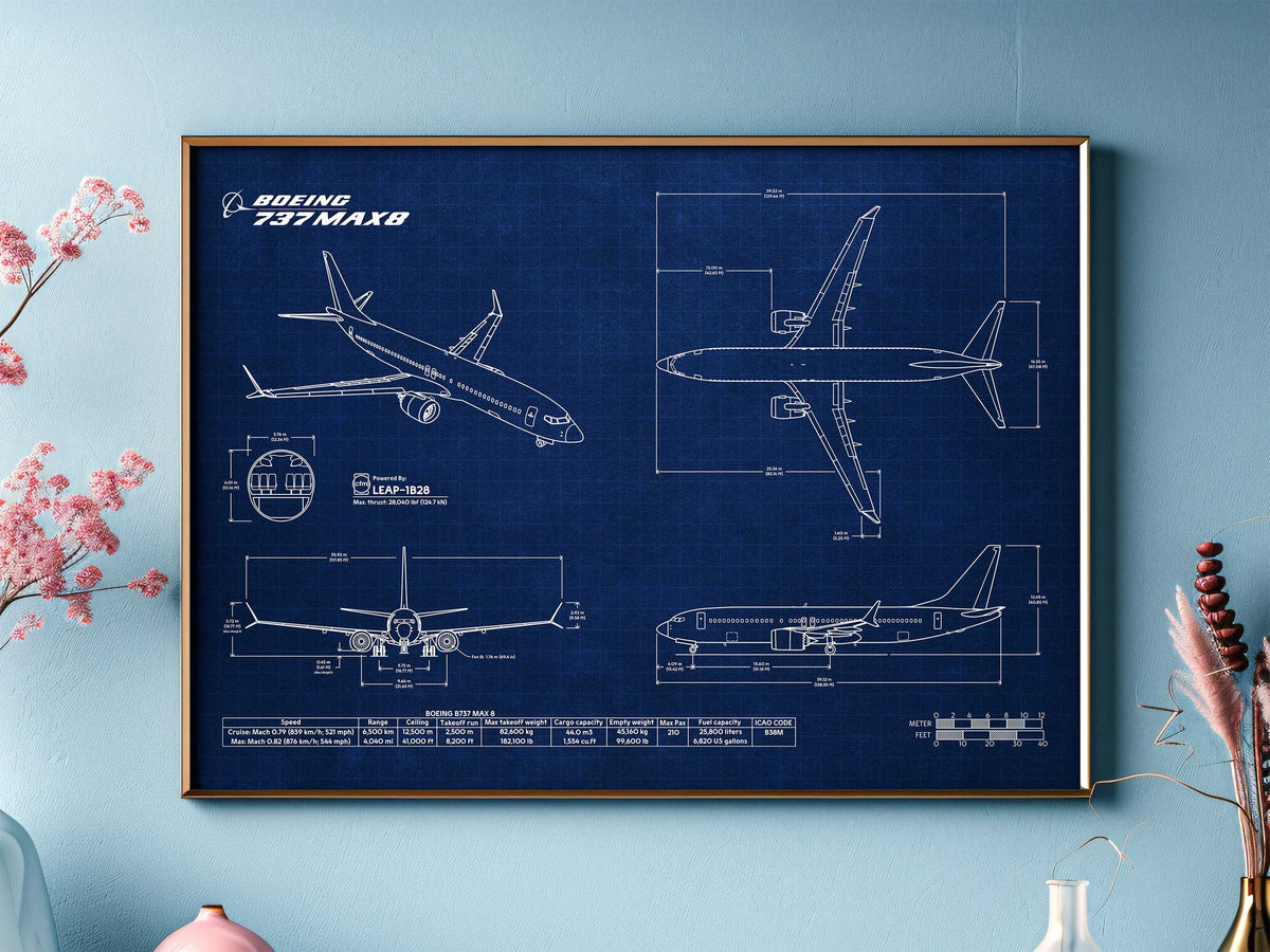 Boeing B737 MAX 8 Landscape Blueprint Poster by FlyKit showing detailed aircraft design in blue and white