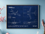 Boeing B737 MAX 8 Landscape Blueprint Poster by FlyKit showing detailed aircraft design in blue and white