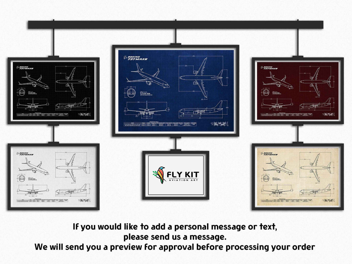 FlyKit Boeing B737 MAX 8 Landscape Blueprint Poster in multiple color variations showing detailed aircraft design