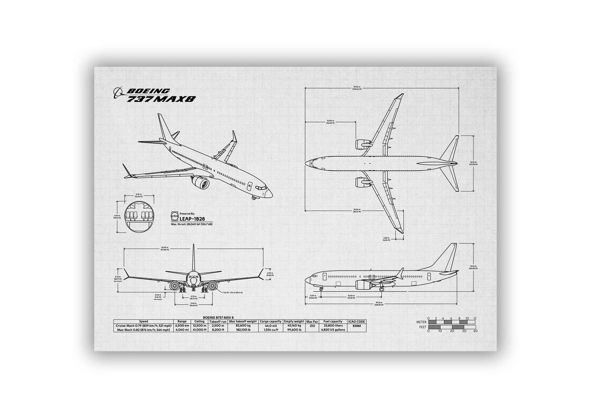 Boeing B737 MAX 8 Landscape Blueprint Poster showing detailed aircraft design and dimensions by FlyKit