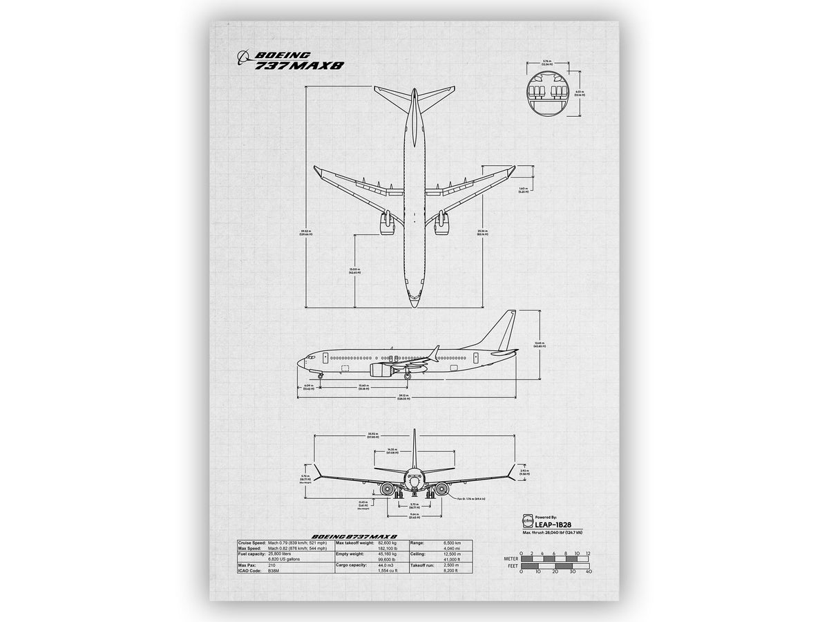 Boeing B737 MAX 8 Portrait Blueprint Poster by FlyKit showing detailed aircraft design and measurements