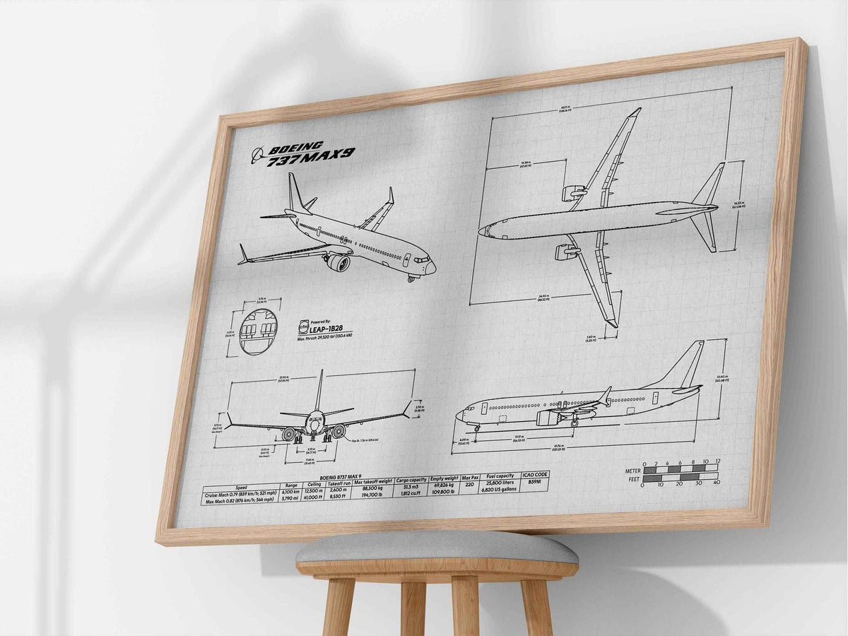 Boeing B737 MAX 9 Landscape Blueprint Poster by FlyKit showing detailed technical airplane design in framed wall art