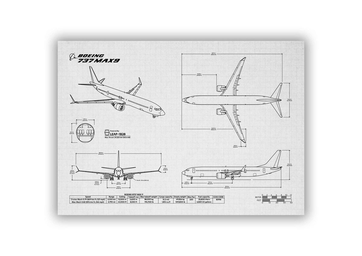 Boeing B737 MAX 9 Landscape Blueprint Poster showing detailed technical aircraft drawings and dimensions