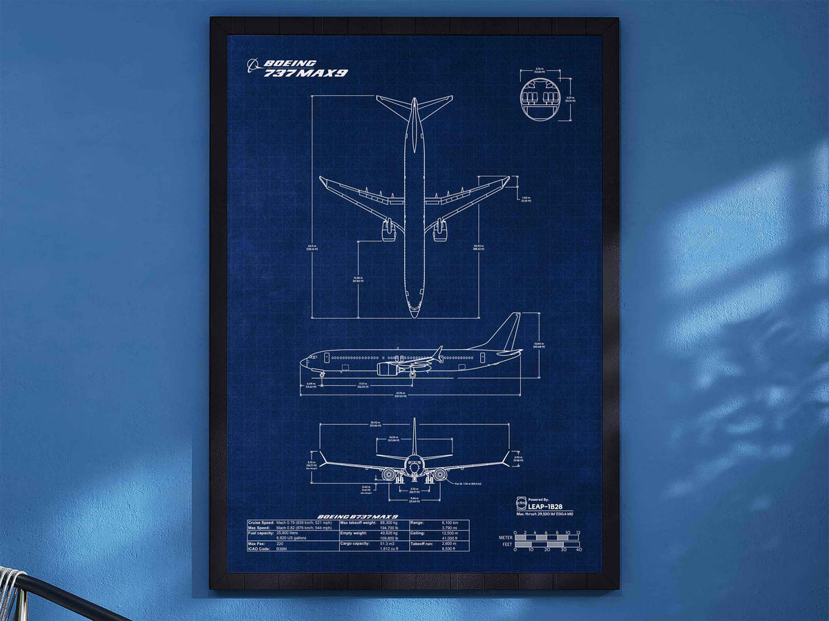 FlyKit Boeing B737 MAX 9 Portrait Blueprint Poster showing detailed technical aircraft design in white on blue background