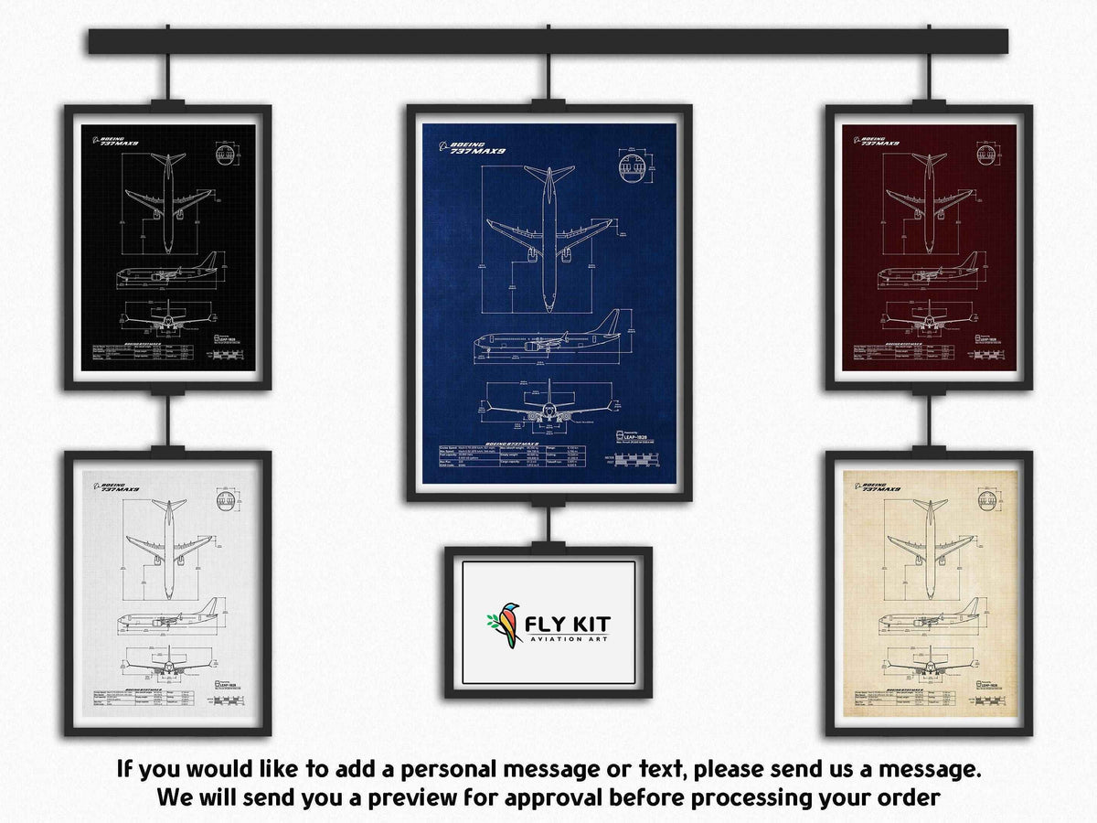 Boeing B737 MAX 9 Portrait Blueprint Poster by FlyKit showing detailed aircraft design in multiple color options