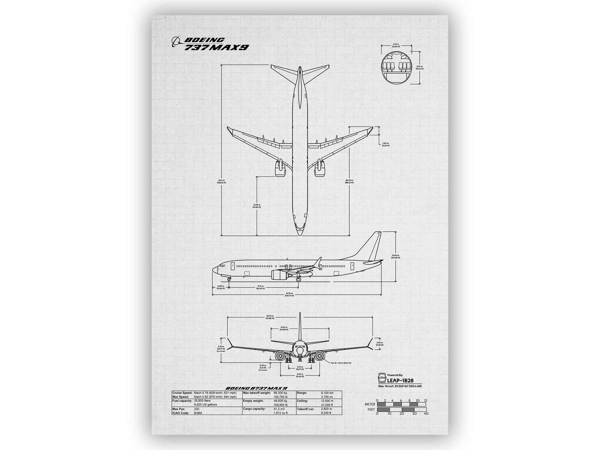 Boeing B737 MAX 9 Portrait Blueprint Poster by FlyKit showing detailed airplane technical drawings and measurements