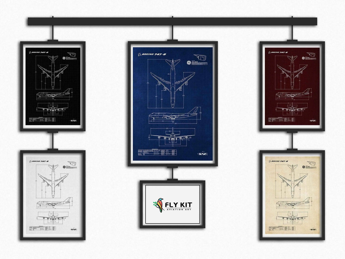 Boeing B747-8 Portrait Blueprint Poster collection by FlyKit in black blue maroon white and beige colors
