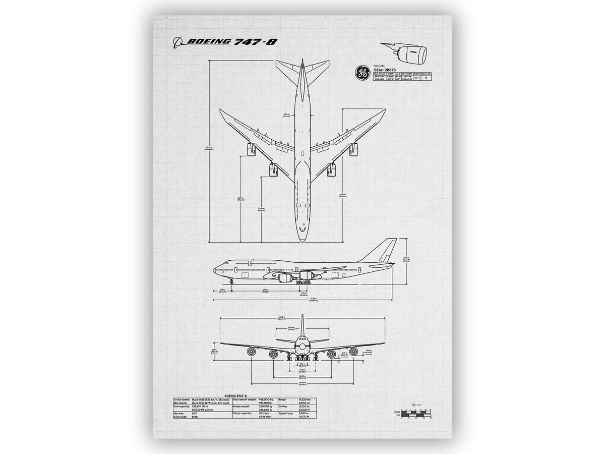 Boeing B747-8 Portrait Blueprint Poster by FlyKit showing detailed technical drawings in black and white