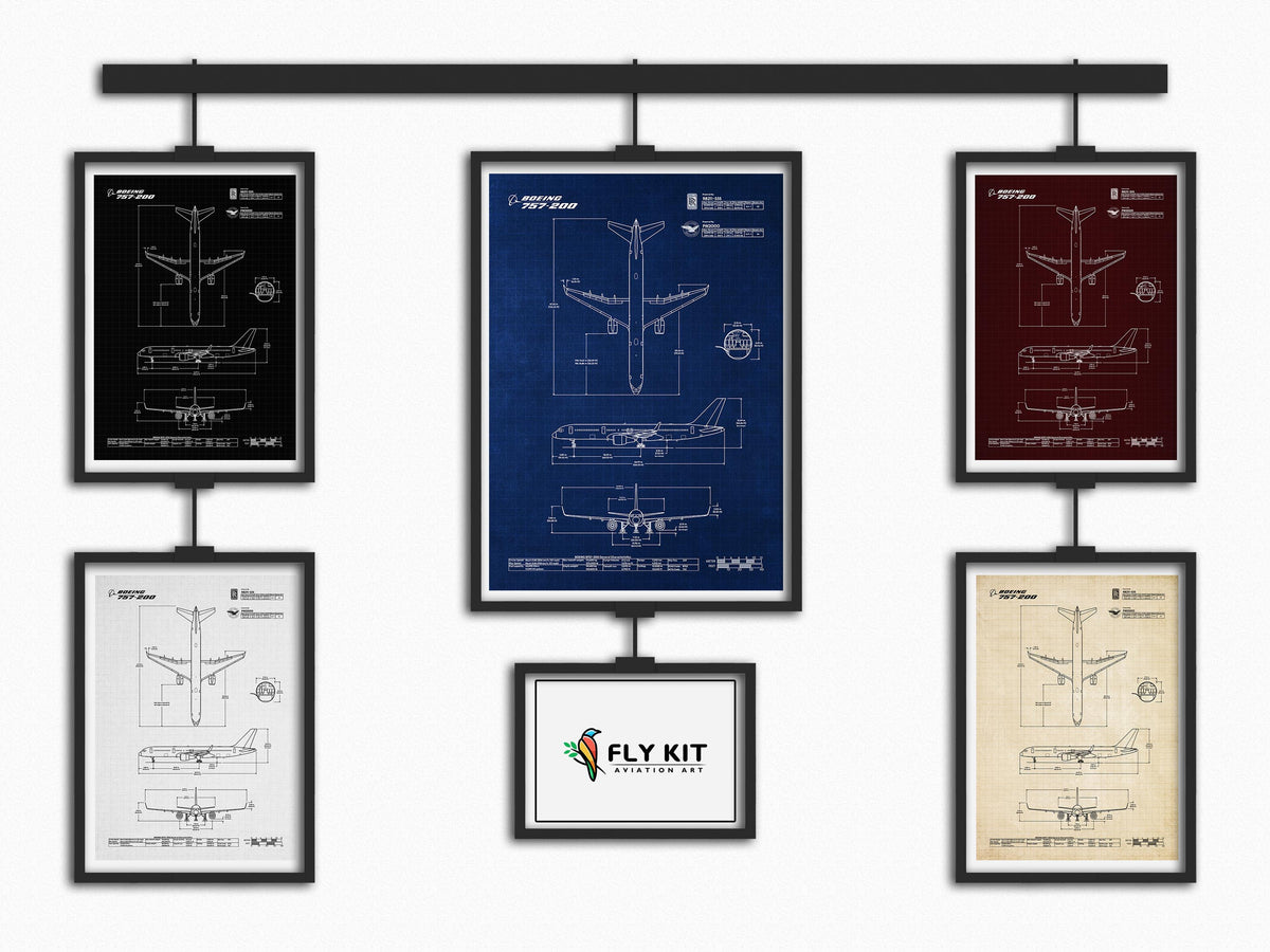 Boeing B757-200 Portrait Blueprint Poster collection by FlyKit with detailed aircraft technical drawings