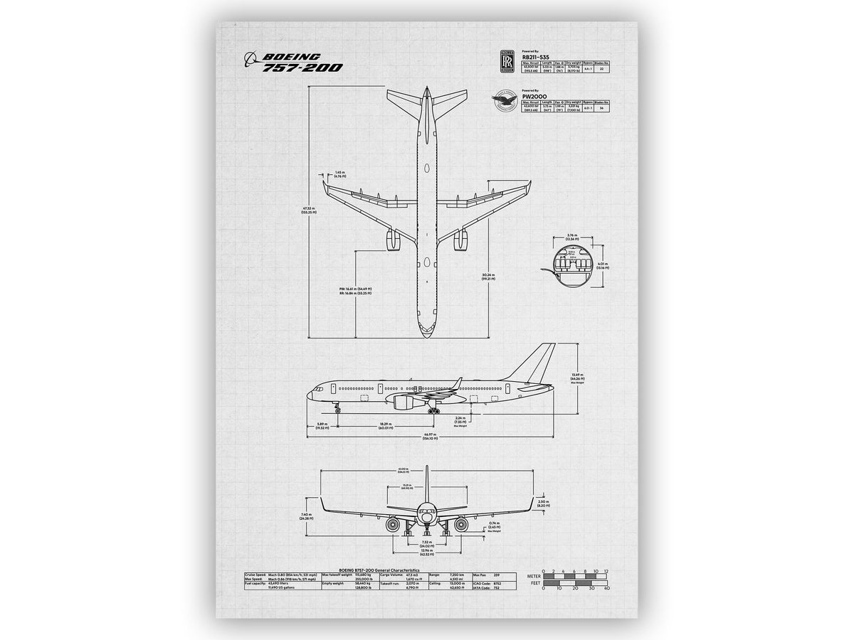 Boeing B757-200 Portrait Blueprint Poster showing detailed technical aircraft design by FlyKit