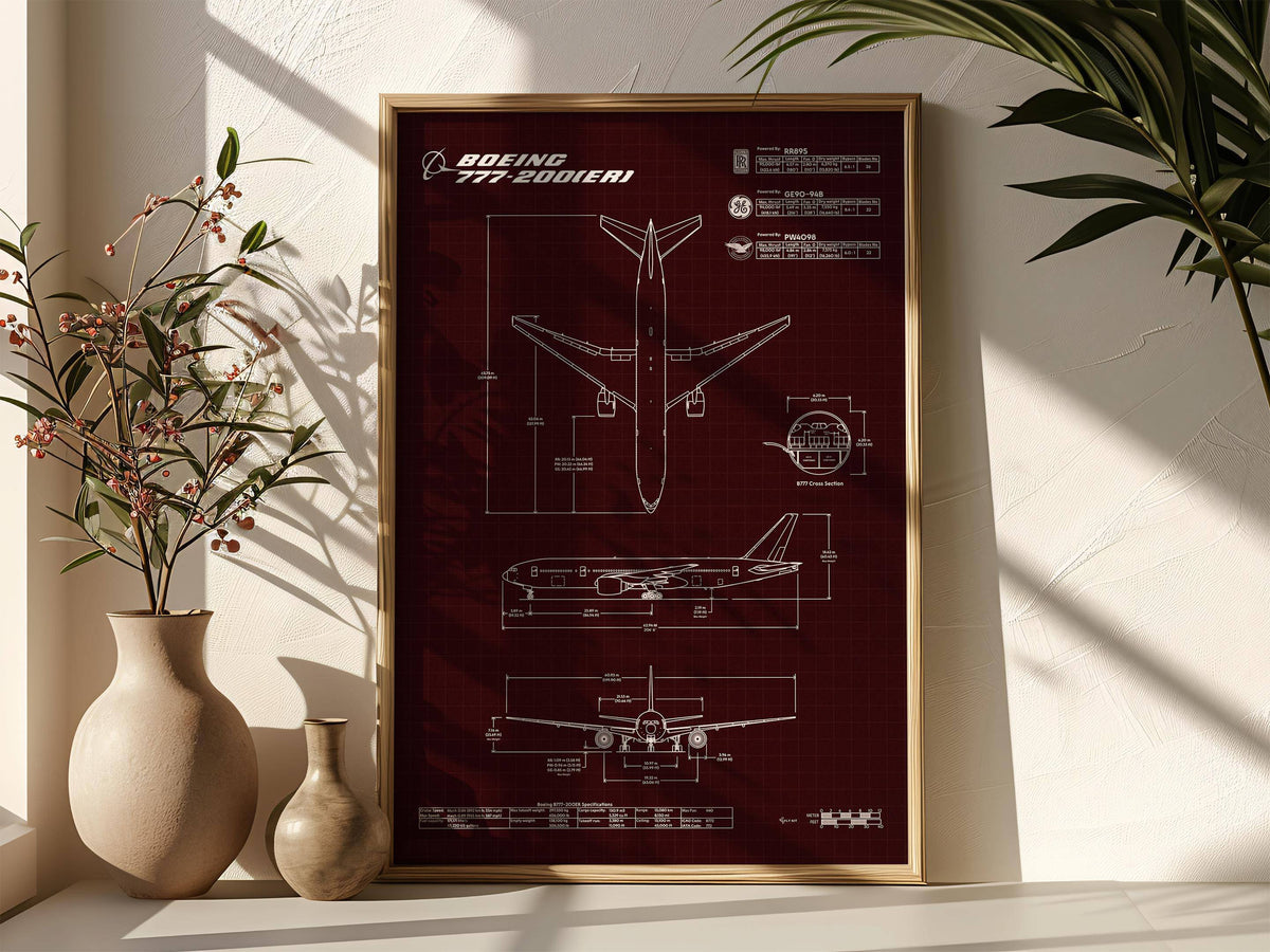 Boeing B777-200ER Portrait Blueprint Poster by FlyKit displayed in a gold frame on a shelf with decorative plants