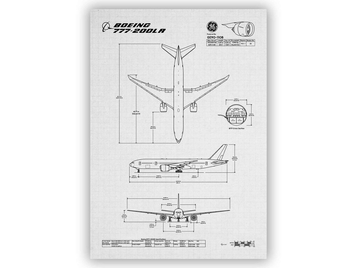 Boeing B777-200LR Portrait Blueprint Poster by FlyKit showing detailed aircraft technical drawings