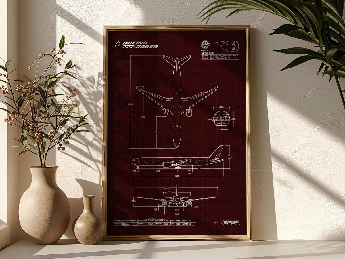 Boeing B777-300ER Portrait Blueprint Poster by FlyKit showing detailed aircraft design in a wooden frame