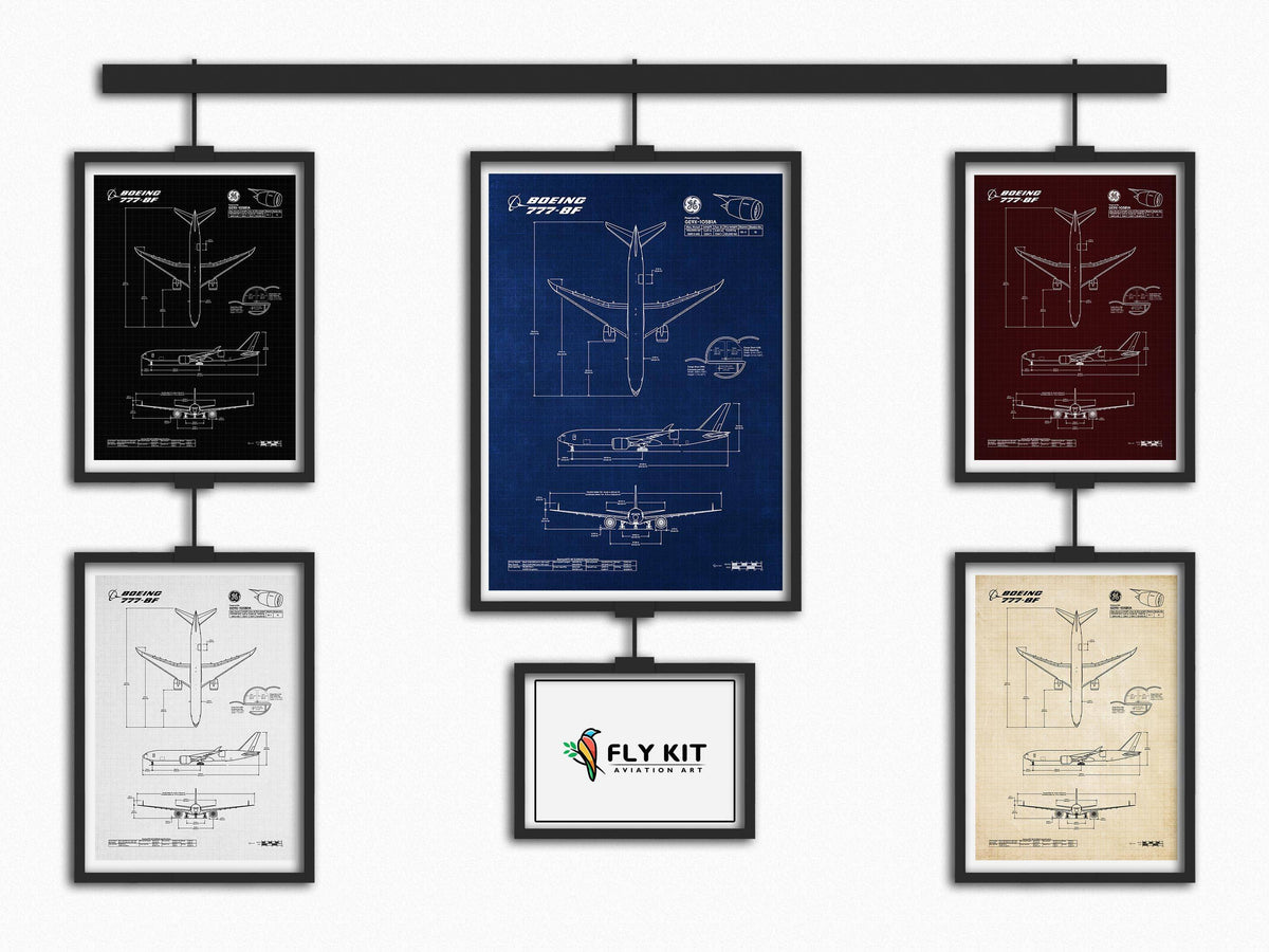 Boeing B777-8F Portrait Blueprint Poster by FlyKit showing detailed aircraft technical drawings in multiple color variations